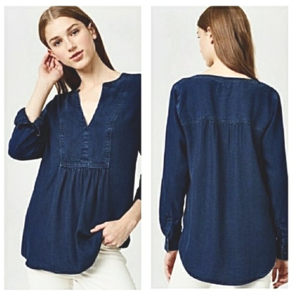 Loft The Softened Shirt, Size Small, Dark Blue Chambray Top Long Sleeve Casual